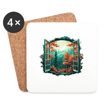 Fenêtre dans la forêt / Arbres / Vue / Sauvage - Dessous de verre (lot de 4) - blanc - Devant