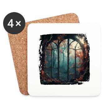 Fenêtre dans la forêt / Arbres / Vue / Sauvage - Dessous de verre (lot de 4) - blanc - Devant