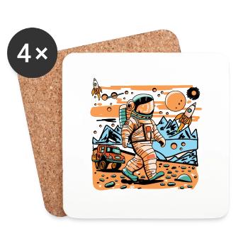 Astronaute de l’espace marchant dans une planète extraterrestre et une fusée - Dessous de verre (lot de 4) - blanc - Devant