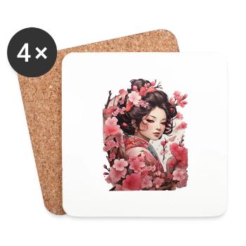 Frau im Kimono mit Mustern aus Kirsch- und Pflaume - Untersetzer (4er-Set) - Weiß - Vorne