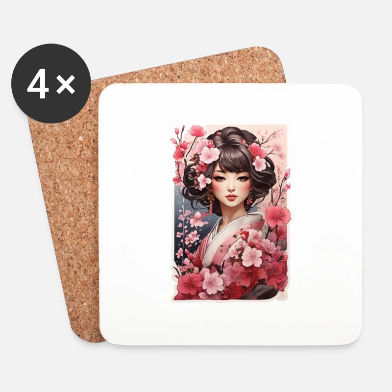 Woman in kimono with cherry and plum patterns - Coasters (set of 4) - white