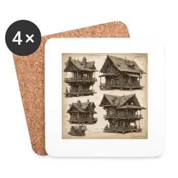 Bauplan / Sepia / Vintage / Retro / Haus - Untersetzer (4er-Set) - Weiß - Vorne