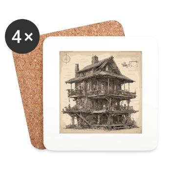 Bauplan / Sepia / Vintage / Retro / Haus - Untersetzer (4er-Set) - Weiß - Vorne