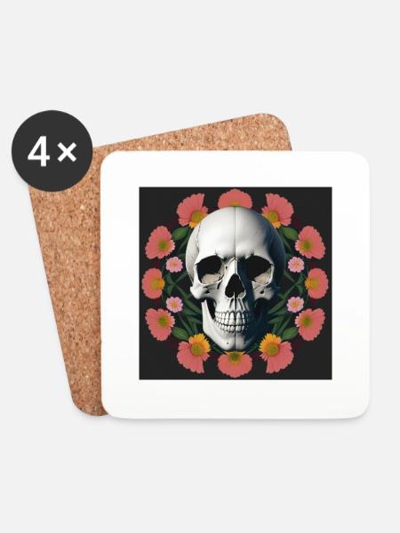 Flower-Skull - Untersetzer (4er-Set) - Weiß