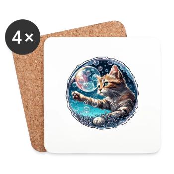 Animal dans bulle de savon / enfantin / mignon / chat - Dessous de verre (lot de 4) - blanc - Devant