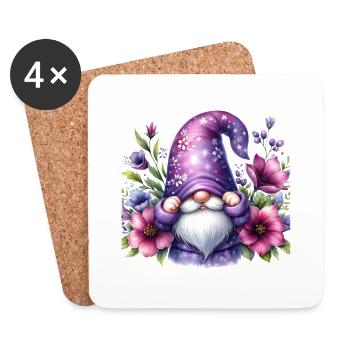 Gnome - Gartenzwerg in Lila mit Blumen - Untersetzer (4er-Set) - Weiß - Vorne