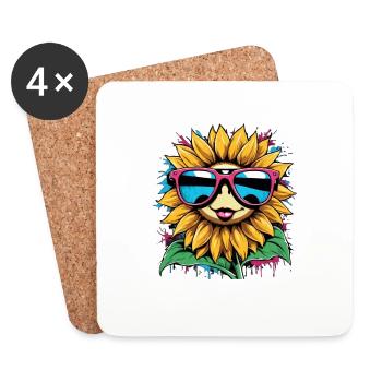 Tournesol de printemps avec des lunettes de soleil cool - Dessous de verre (lot de 4) - blanc - Devant