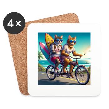 Gato Loco Riding Cat Dudes Vélo Cat Surfer - Dessous de verre (lot de 4) - blanc - Devant