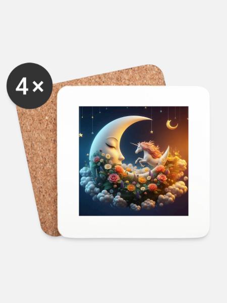 Mond mit Einhorn - Untersetzer (4er-Set) - Weiß