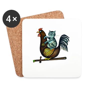 Lustige Tiere Katze auf Huhn Sommer Bauernhof - Untersetzer (4er-Set) - Weiß - Vorne