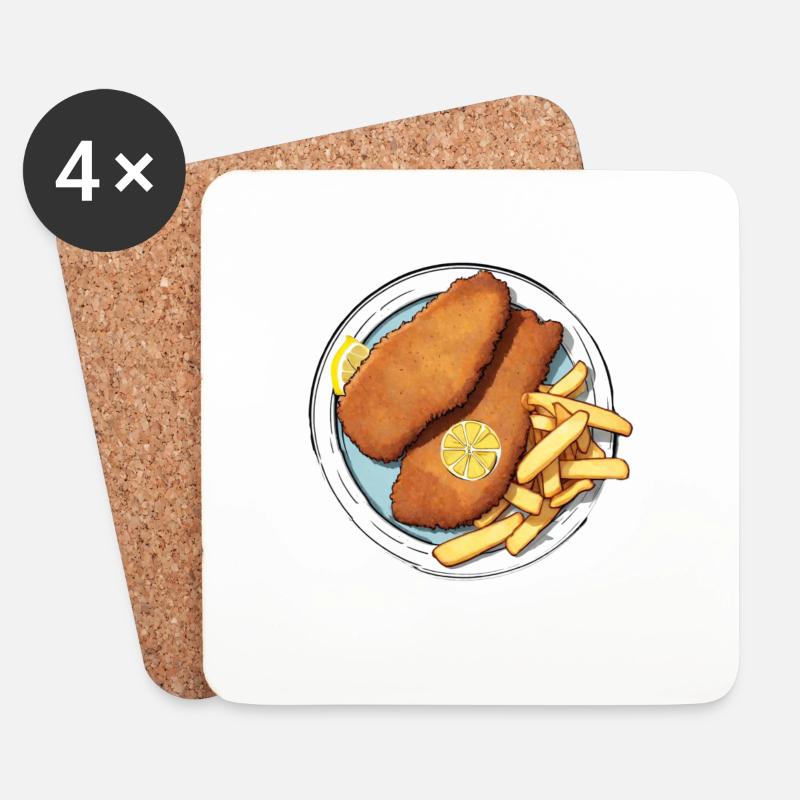 Schnitzel mit Pommes und einem Scheibchen Zitrone - Untersetzer (4er-Set) - Weiß