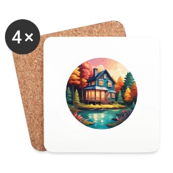 Lakeside House / Cabin / Lake / Mountains / Nature /Forest - Coasters (set of 4) - white - Front