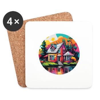 Lakeside House / Cabin / Lake / Mountains / Nature /Forest - Coasters (set of 4) - white - Front