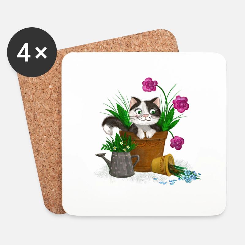 Katze im Garten - Untersetzer (4er-Set) - Weiß