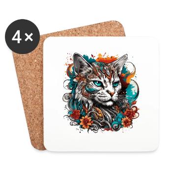 Tattoo / Animal / Art / Cool / Comic / Cat - Coasters (set of 4) - white - Front