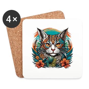 Tatouage / Animal / Art / Cool / Bande dessinée / Chat - Dessous de verre (lot de 4) - blanc - Devant