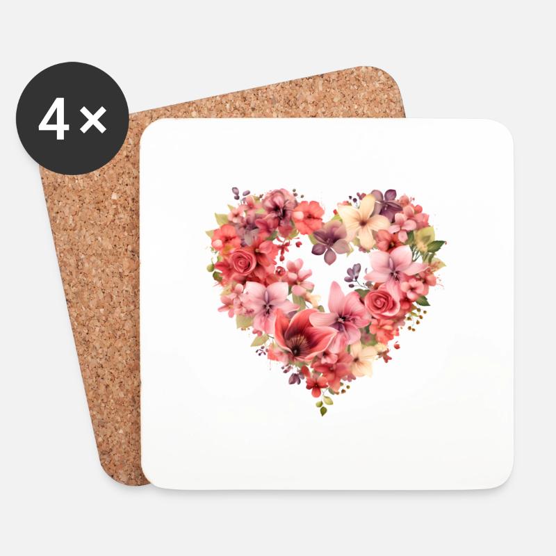 Herz im Blumenkranz - Untersetzer (4er-Set) - Weiß