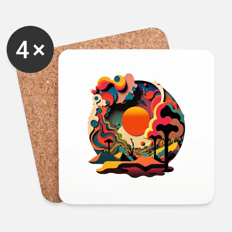 Psychedelic Sunscape - Retro Style Art - Coasters (set of 4) - white