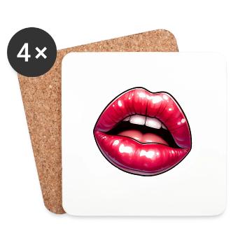Üppige Lippen, Kuss, Valentinstag - Untersetzer (4er-Set) - Weiß - Vorne