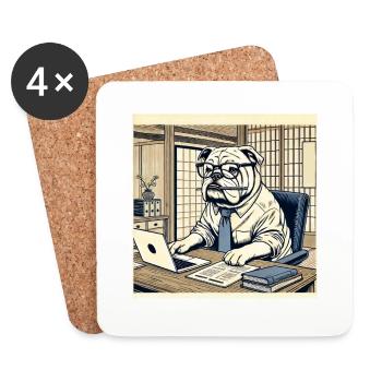 Bulldog at the Desk - Ukiyo-e Style - Coasters (set of 4) - white - Front