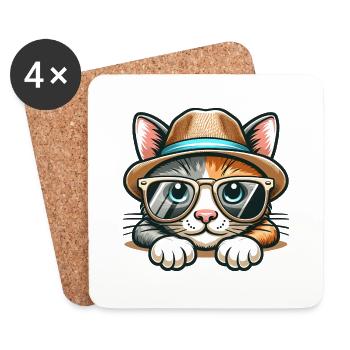 Cute Cat with Hat and Sunglasses - süsse Katze - Untersetzer (4er-Set) - Weiß - Vorne