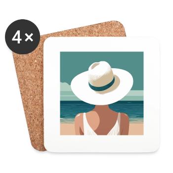 Femme avec chapeau sur la plage - Dessous de verre (lot de 4) - blanc - Devant