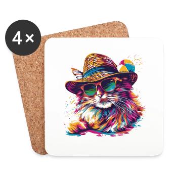 Katze mit Strandhut Sommer - Untersetzer (4er-Set) - Weiß - Vorne