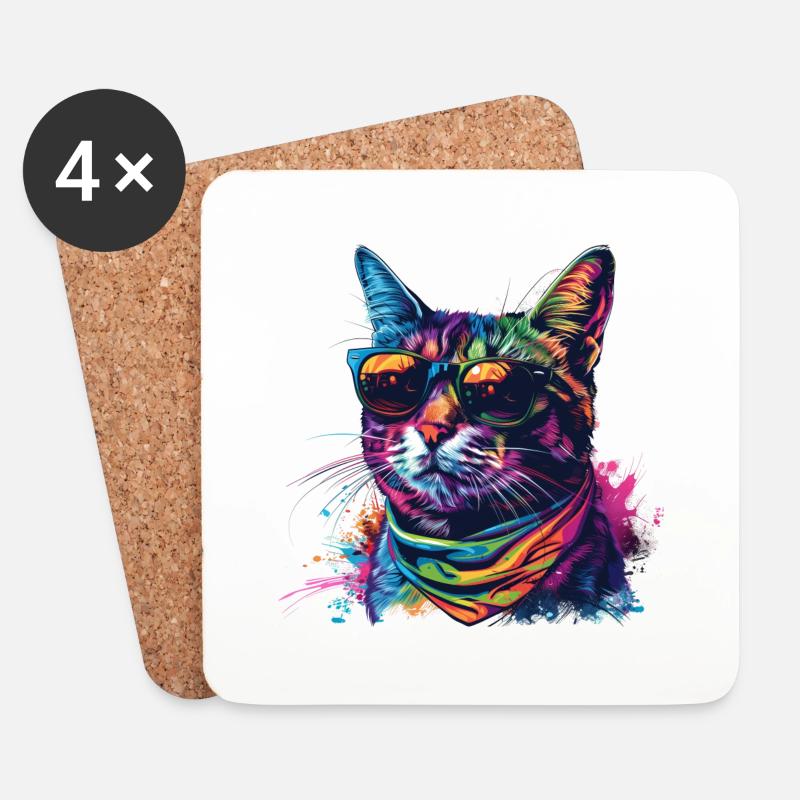 Regenbogen Graffiti Katze mit Sonnenbrille - Untersetzer (4er-Set) - Weiß