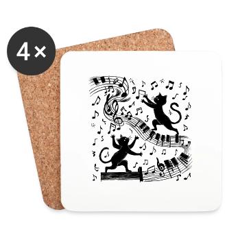 Motif chats noirs jouant avec note de musique - Dessous de verre (lot de 4) - blanc - Devant