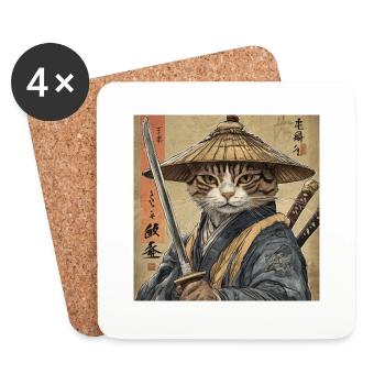 Cat Samurai Japan Ukiyo-E - Coasters (set of 4) - white - Front