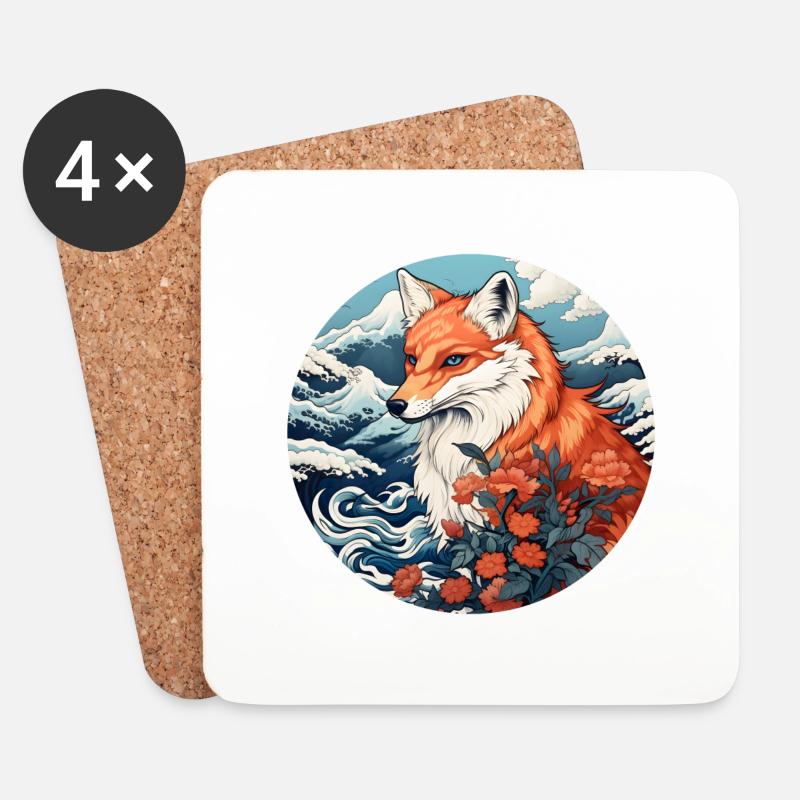 Fox wave Ukiyo-e Hokusai - Coasters (set of 4) - white