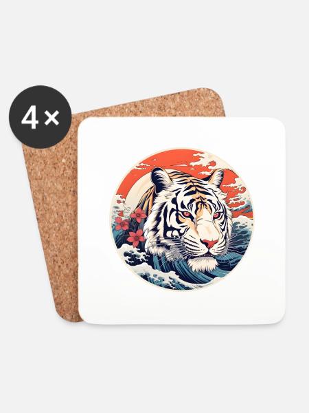 White tiger wave Ukiyo-e Hokusai - Coasters (set of 4) - white