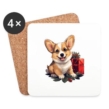 Christmas Happy Corgi with holly and gift - Coasters (set of 4) - white - Front