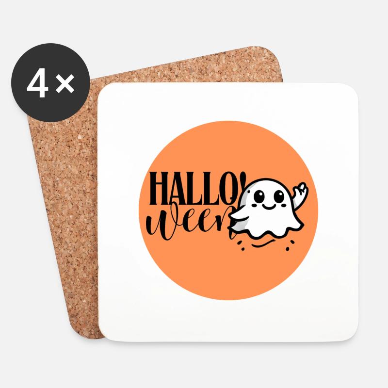 Hallo! Halloween-Geist Winkend auf orangefarbenem Hintergrund - Untersetzer (4er-Set) - Weiß