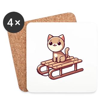 Katze auf einem Schlitten - Untersetzer (4er-Set) - Weiß - Vorne