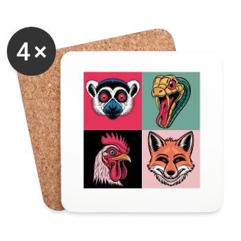 Pop Art Snake Fox Rooster Lemur - Coasters (set of 4) - white - Front