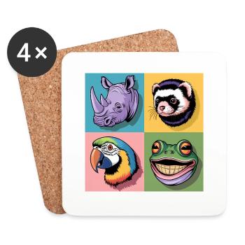 Popart bunt Nashorn Mader Papagei Frosch blau grün - Untersetzer (4er-Set) - Weiß - Vorne