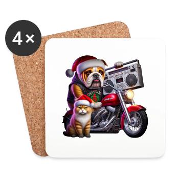 Chat de Noël et bouledogue à vélo - Dessous de verre (lot de 4) - blanc - Devant