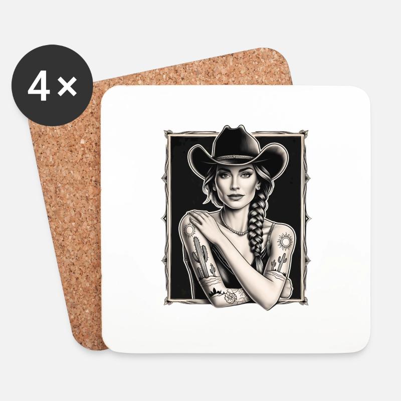 Frau mit Cowboyhut mit Tattoos - Untersetzer (4er-Set) - Weiß