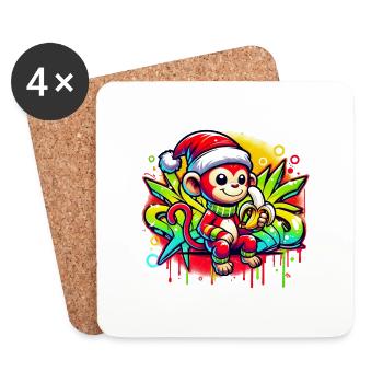 Monkey with Santa hat eating banana Christmas - Coasters (set of 4) - white - Front