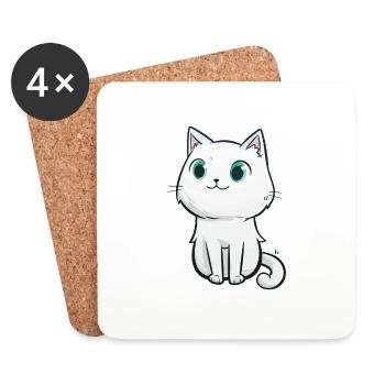 dessin chat mignon, cadeau de chat pour enfant - Dessous de verre (lot de 4) - blanc - Devant