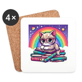 Cute cat reading books under the rainbow - Coasters (set of 4) - white - Front