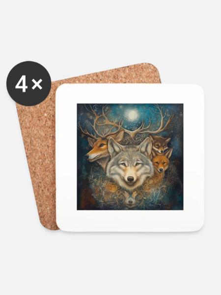 Ésotérisme Spiritualité Mysticisme Loup, Renard, Cerf, - Dessous de verre (lot de 4) - blanc