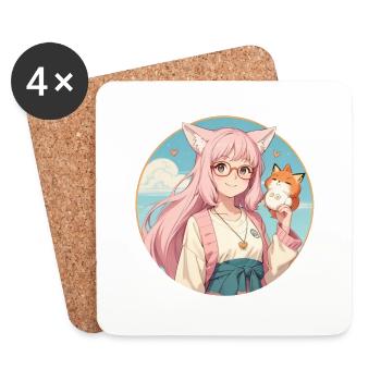 Fox Girl: Charme im Anime-Stil mit einem Fuchs - Untersetzer (4er-Set) - Weiß - Vorne