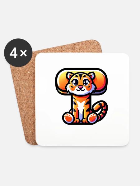 Fröhlicher Tiger – Buchstabe T - Untersetzer (4er-Set) - Weiß