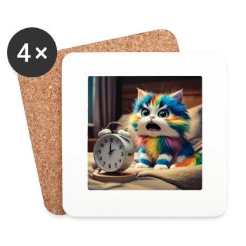 Katze mit Wecker - Untersetzer (4er-Set) - Weiß - Vorne