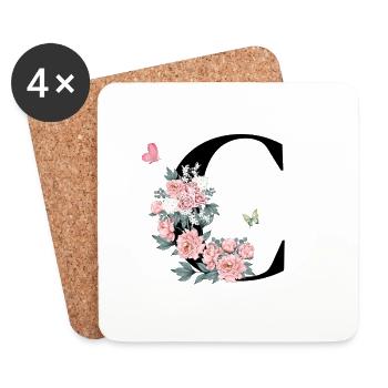Lettre c fleurs rose - Dessous de verre (lot de 4) - blanc - Devant