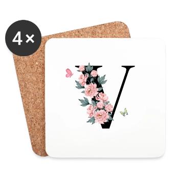 Lettre v fleurs rose - Dessous de verre (lot de 4) - blanc - Devant