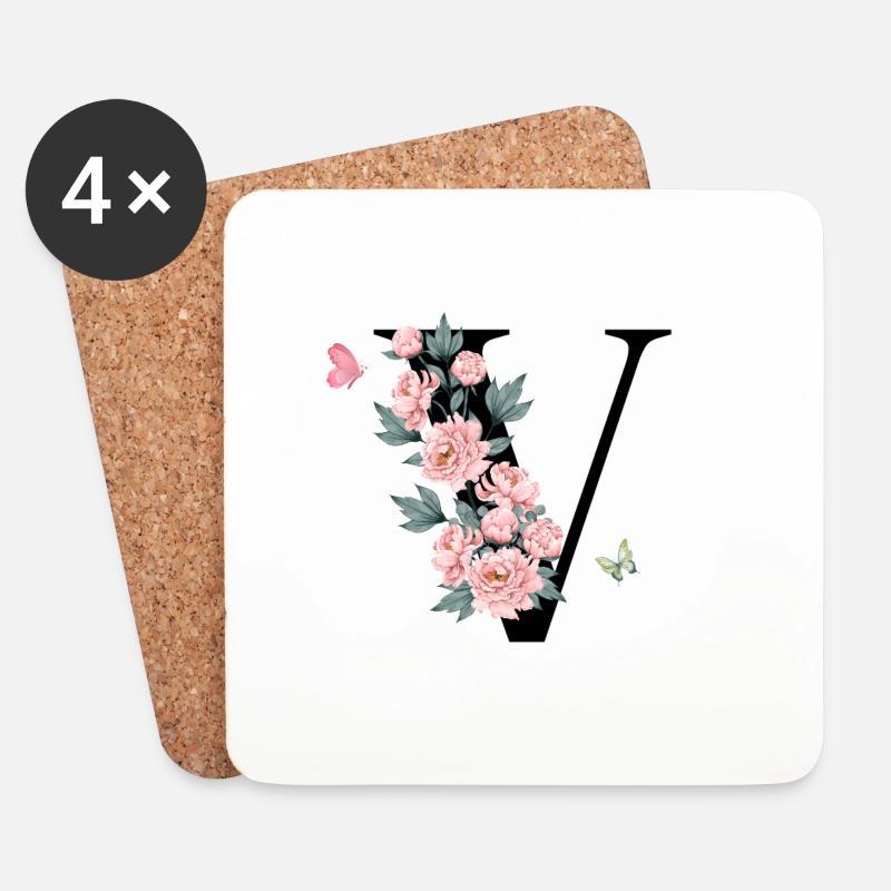 Buchstabe v rosa Blumen - Untersetzer (4er-Set) - Weiß
