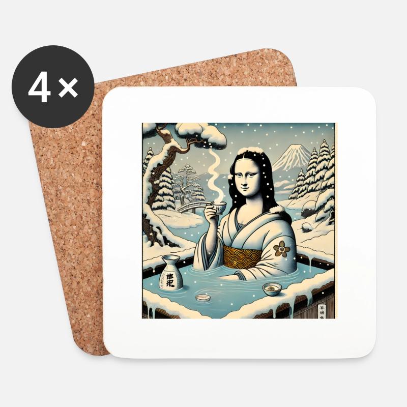 Mona Lisa trinkt Sake im Onsen - Untersetzer (4er-Set) - Weiß
